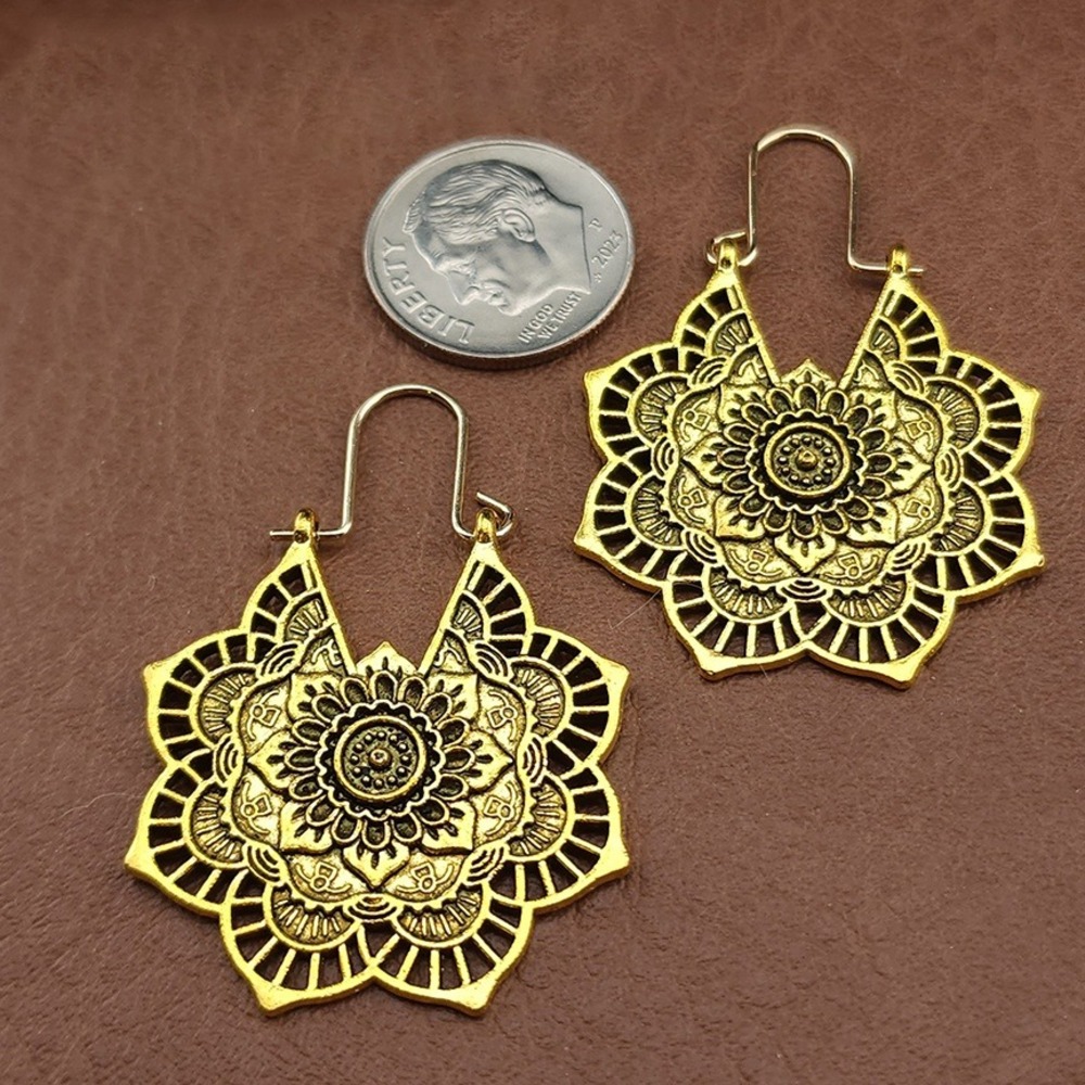 Lotus Flower Hoop Earrings‎ Boho Mandala Drop Gold tone Hippie Festival